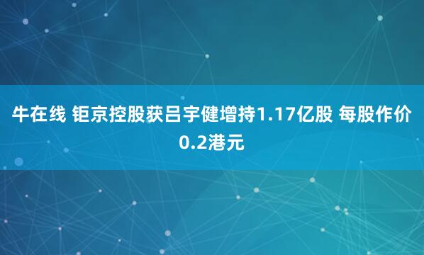 牛在线 钜京控股获吕宇健增持1.17亿股 每股作价0.2港元
